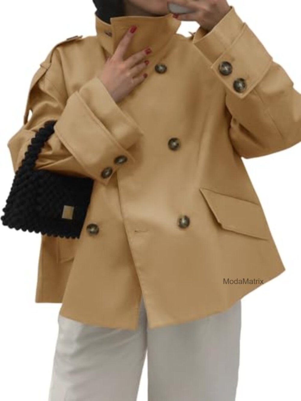 Oversized Cropped Trench Coat Double Breasted Funnel Neck Windproof Women's